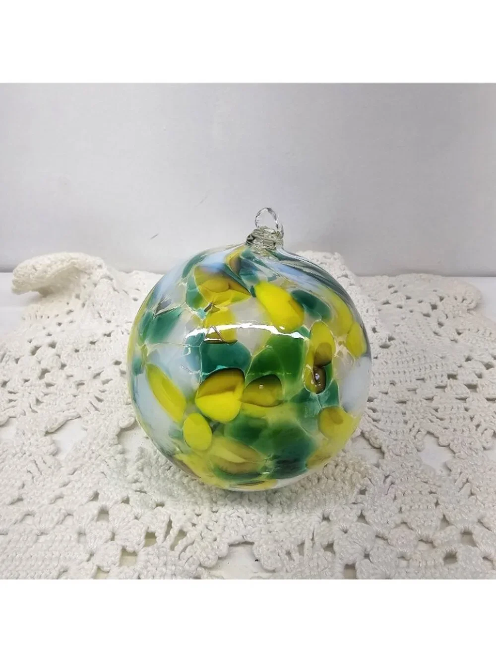 Huta Szkla Zorza Handmade Glass Christmas Ornament Poland Green Yellow White